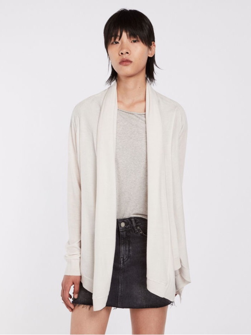 All Saints Ires Woven Cardigan 100% Merino Wool Knit Open Front Sweater Minimal